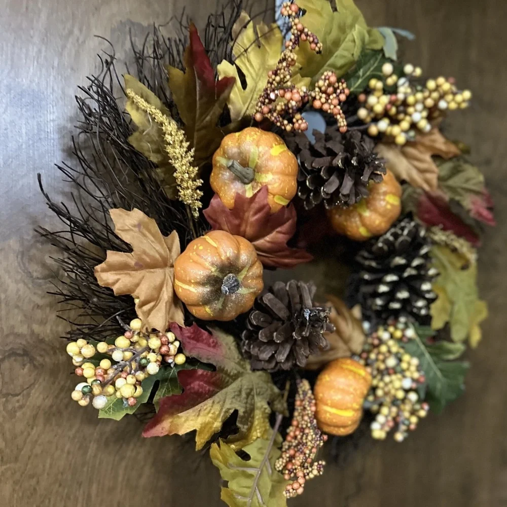 Fall Grapevine Wteath Pumpkins Gourds Pine Cones 18” Diameter